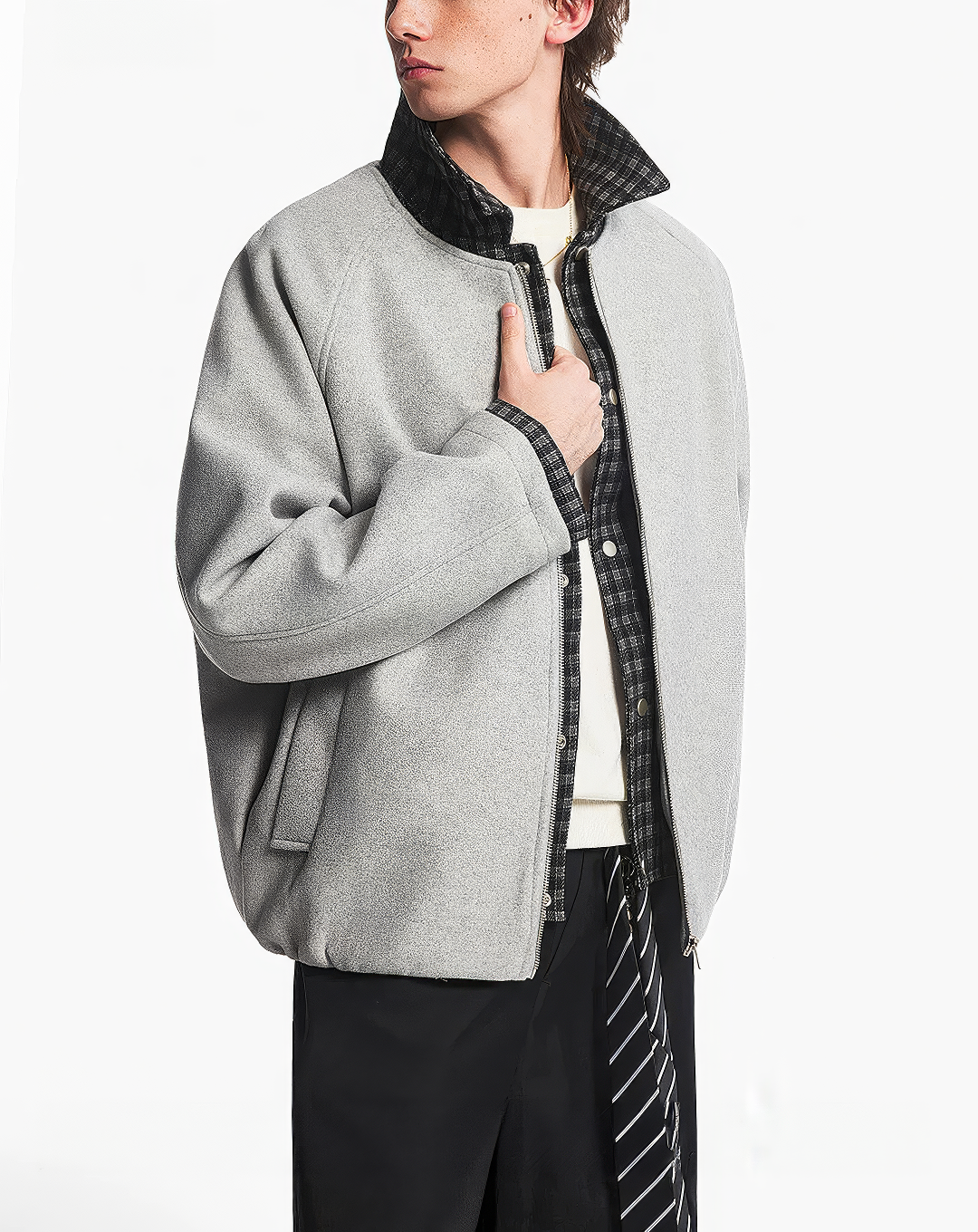 ♂♀ Plaid Trim Zip Jacket