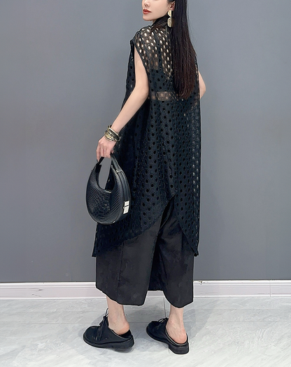 ♀Sheer Dot Asymmetric Long Shirt