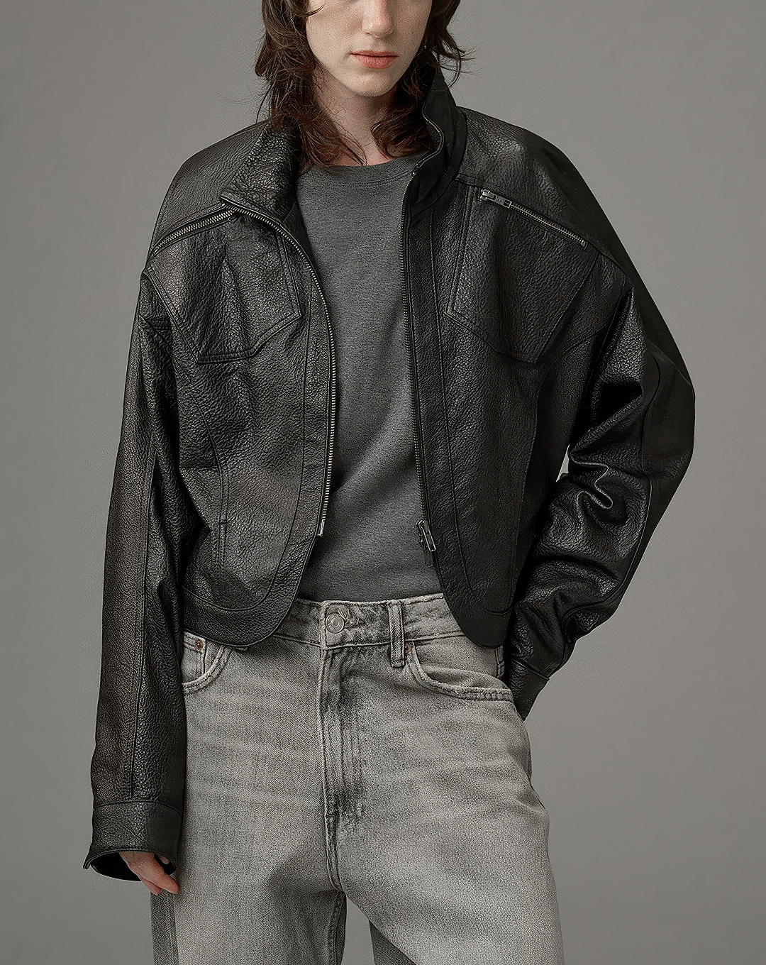 ♀本革／Stand Collar Leather Blouson