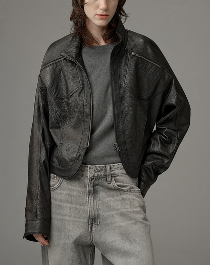 ♀本革／Stand Collar Leather Blouson