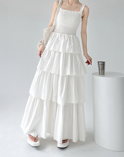 ♀Shirring Tiered Frill Dress