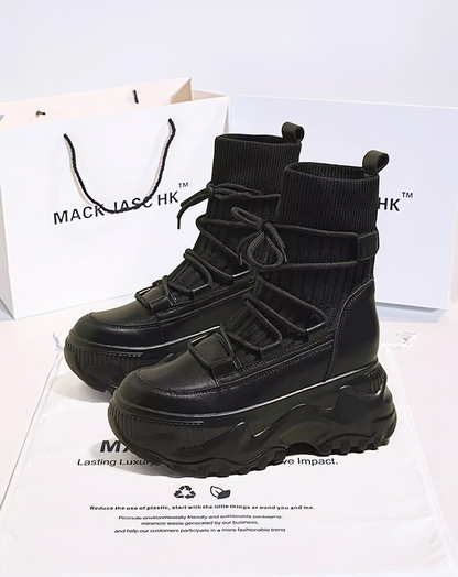 ♀Ribbed Sock Lace Up Boots