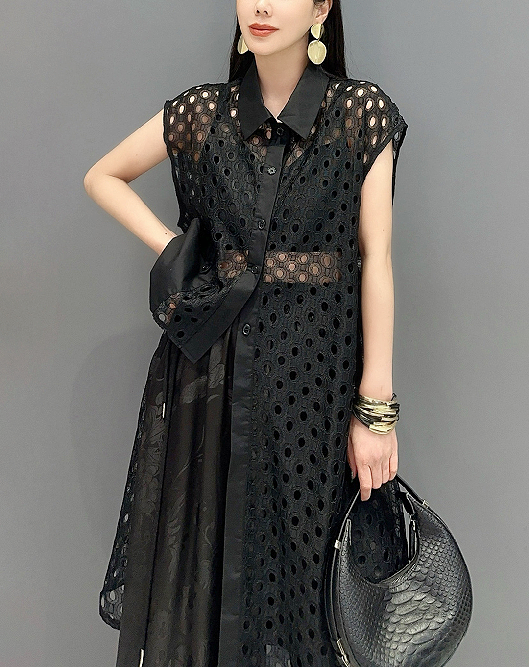 ♀Sheer Dot Asymmetric Long Shirt