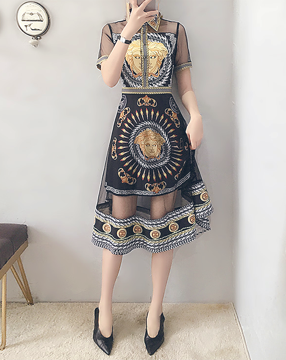 ♀Retro Style Sheer Shirt Dress