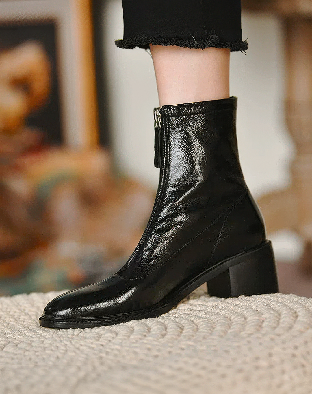 ♀本革／Chunky Heel Ankle Boots