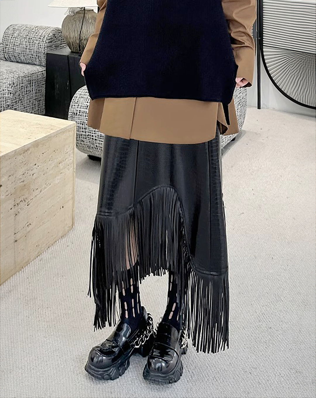 ♀Leather Fringe Skirt