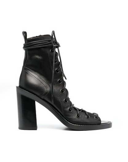 ♀本革／Lace-Up Open-Toe Boots