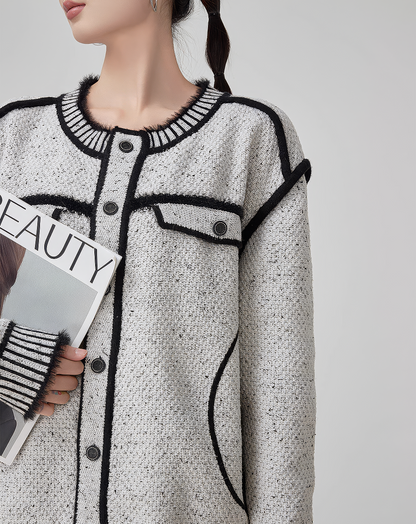 ♀Tweed Contrast Piping Cardigan
