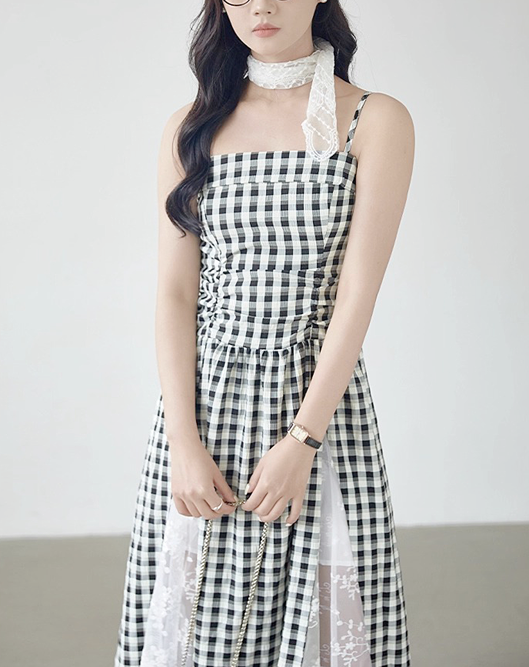 ♀Gingham Lace Dress