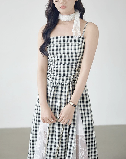 ♀Gingham Lace Dress
