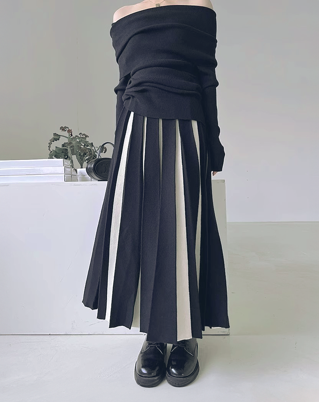 ♀Bicolor Long Pleated Skirt