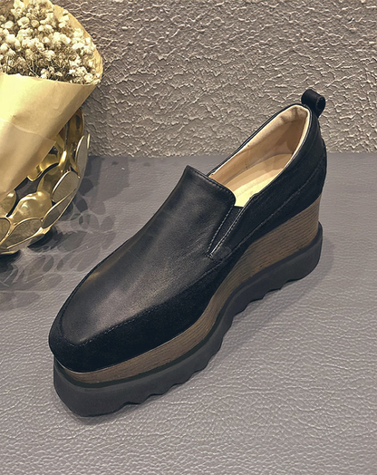 ♀本革／Platform Black Leather Slip-On Shoes