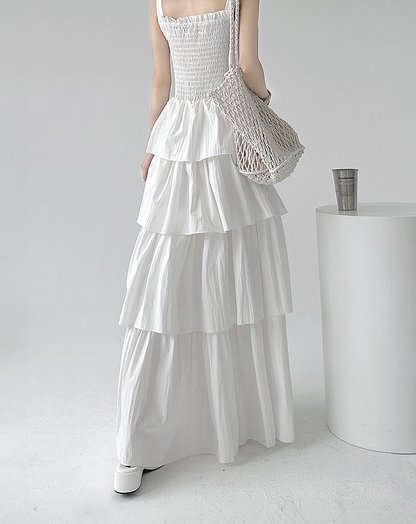 ♀Shirring Tiered Frill Dress