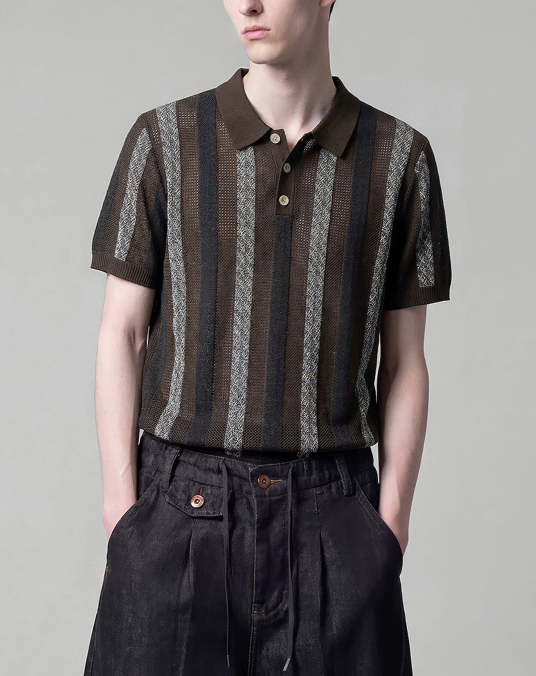 ♂♀Striped Knit Polo Shirt