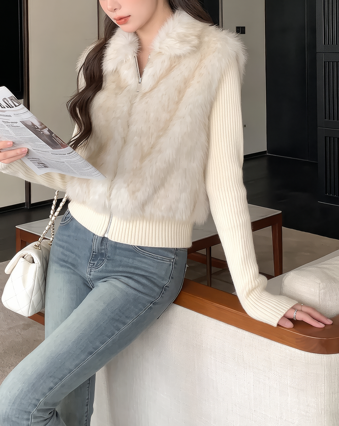 ♀Fur Combined Knit Blouson