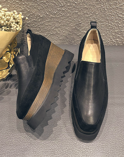 ♀本革／Platform Black Leather Slip-On Shoes