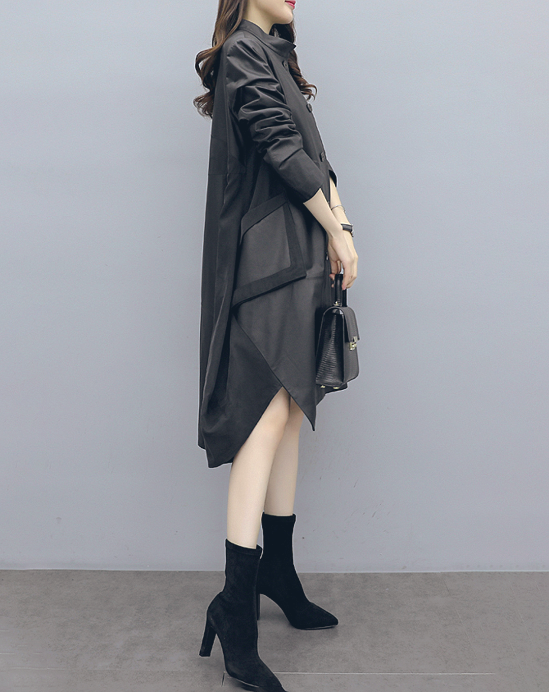 ♀Stand Collar Leather Long Shirt