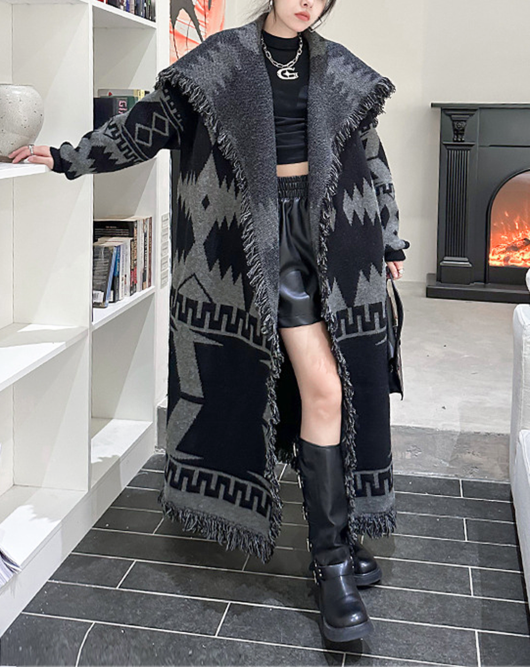 ♀Geometric Pattern Big Collar Coat