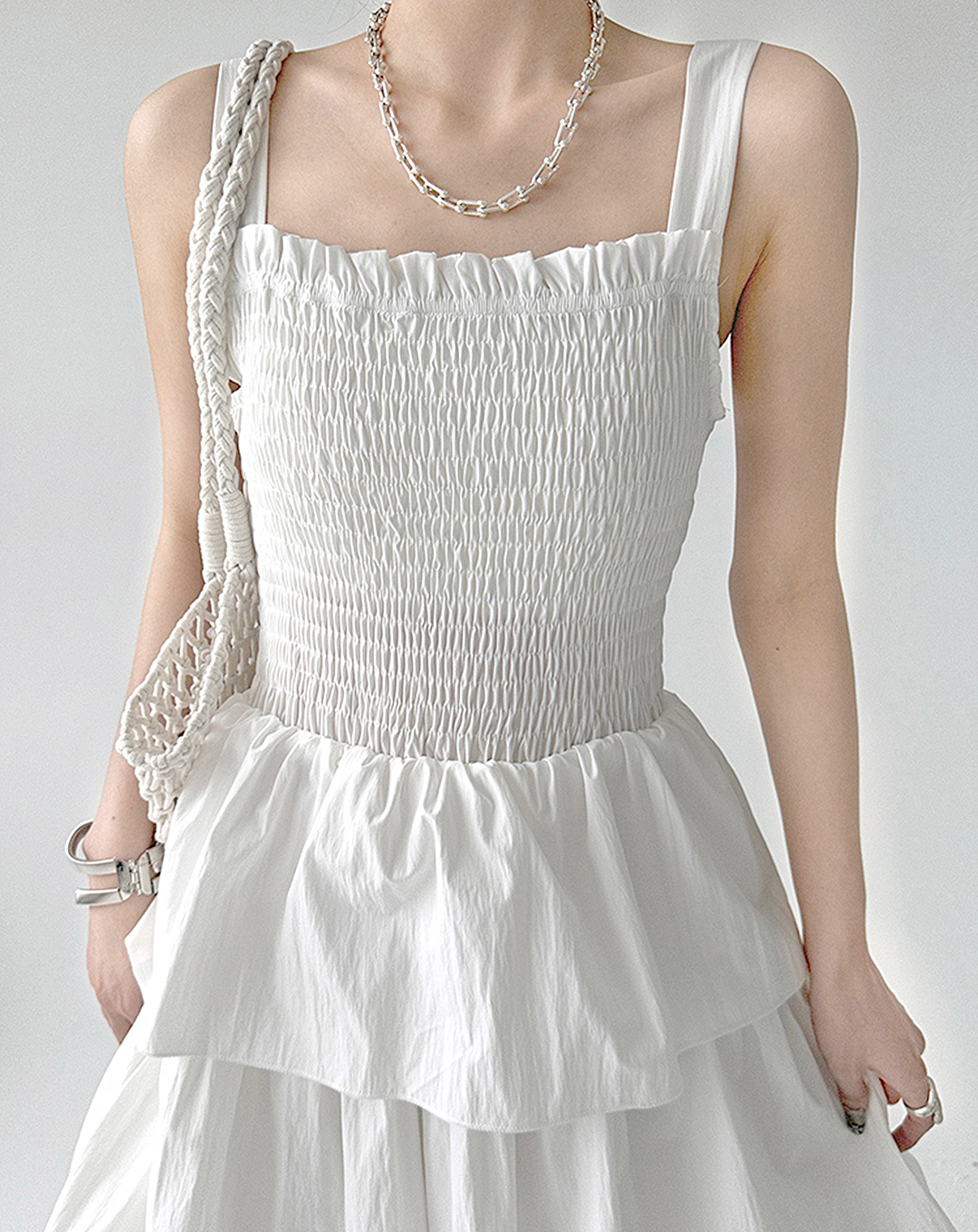 ♀Shirring Tiered Frill Dress