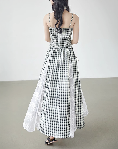 ♀Gingham Lace Dress