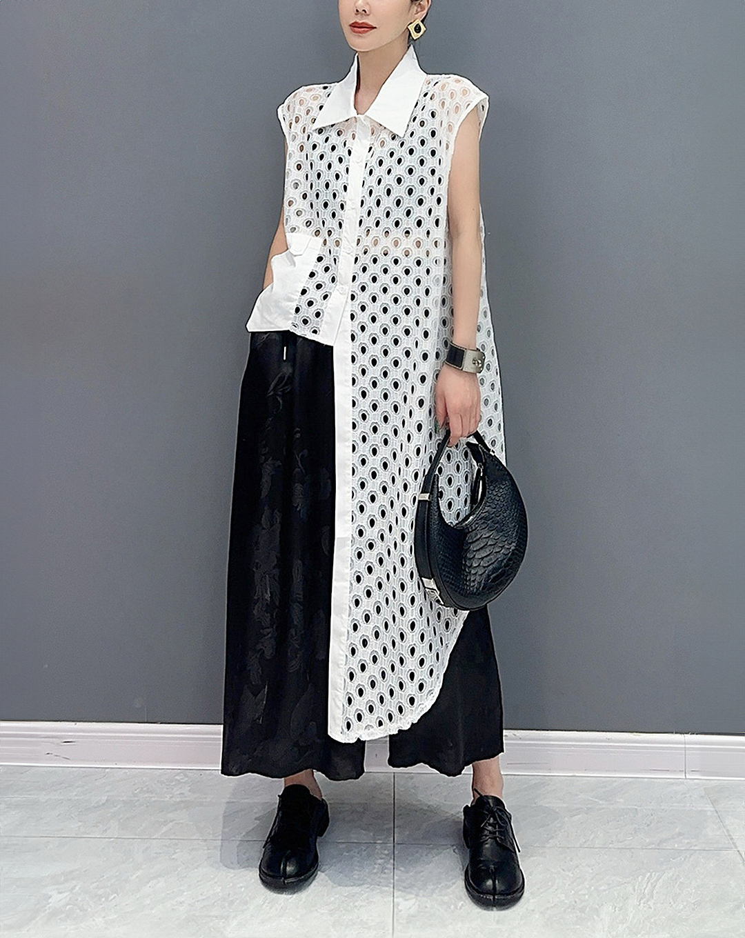 ♀Sheer Dot Asymmetric Long Shirt