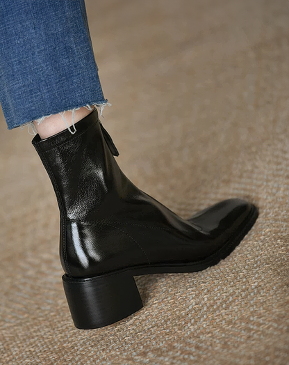 ♀本革／Chunky Heel Ankle Boots