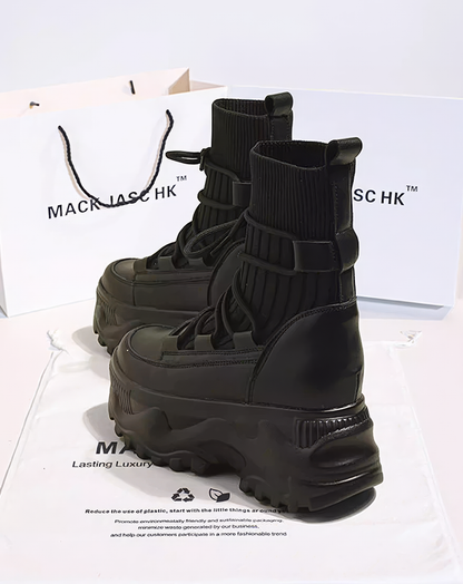 ♀Ribbed Sock Lace Up Boots