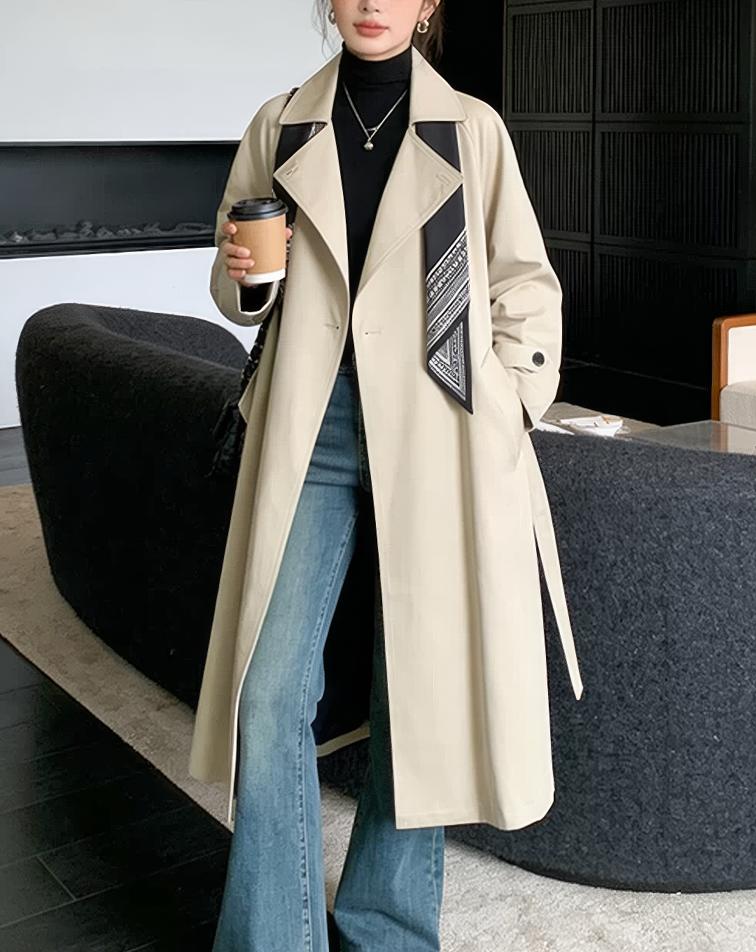 ♀Scarf Accent Trench Coat