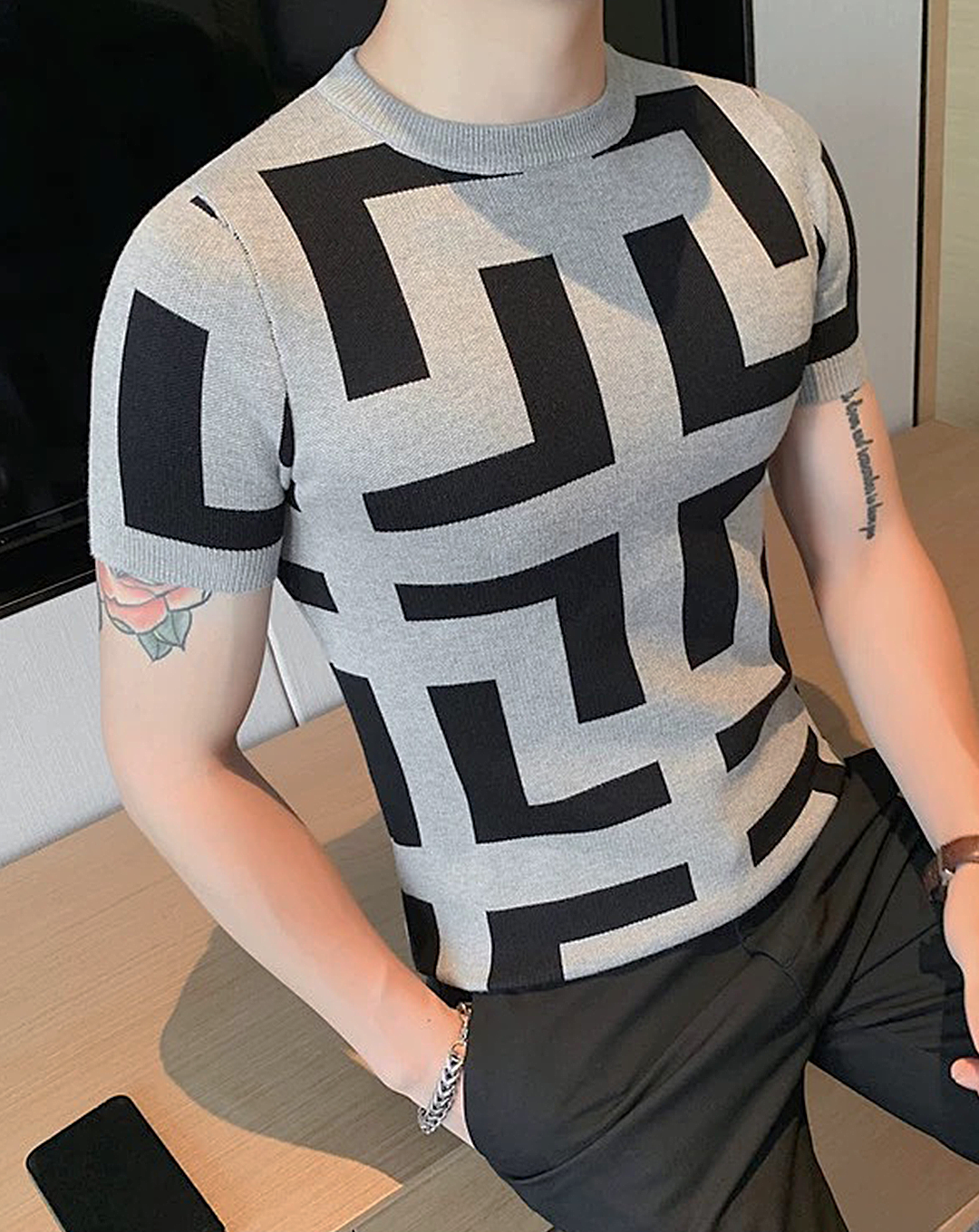 ♂Round Neck Geometric Pattern T-Shirt