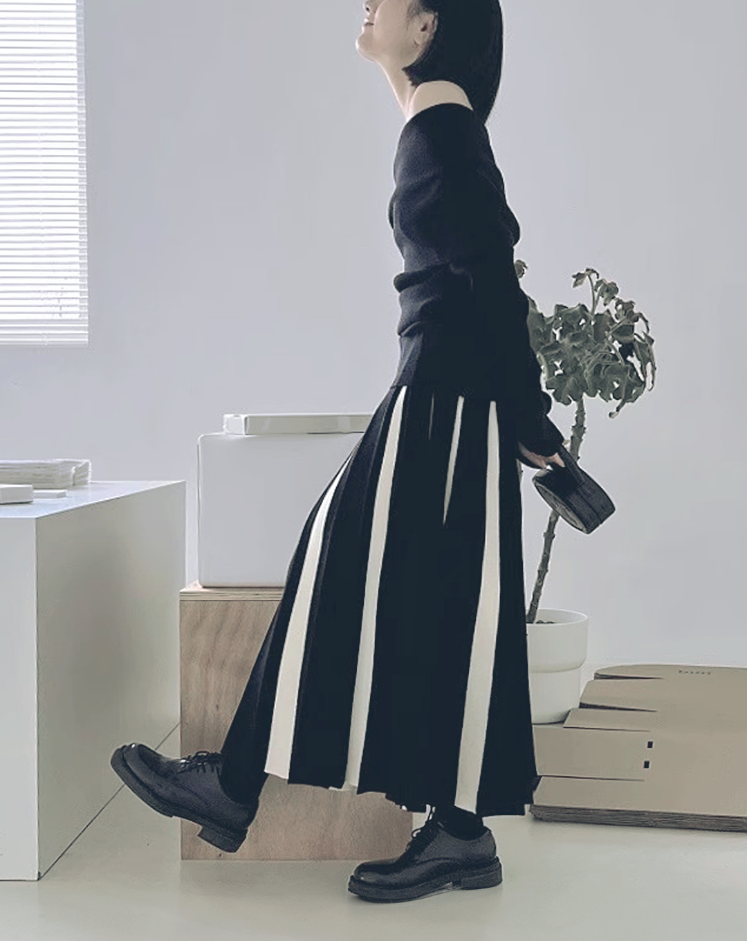 ♀Bicolor Long Pleated Skirt