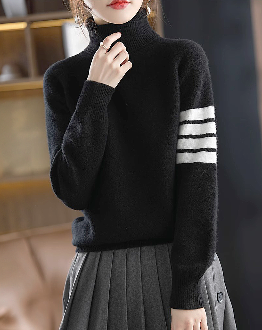 ♀Striped High Neck Knit