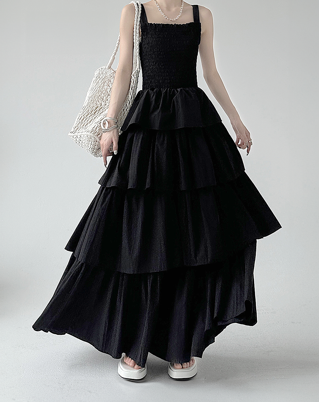 ♀Shirring Tiered Frill Dress