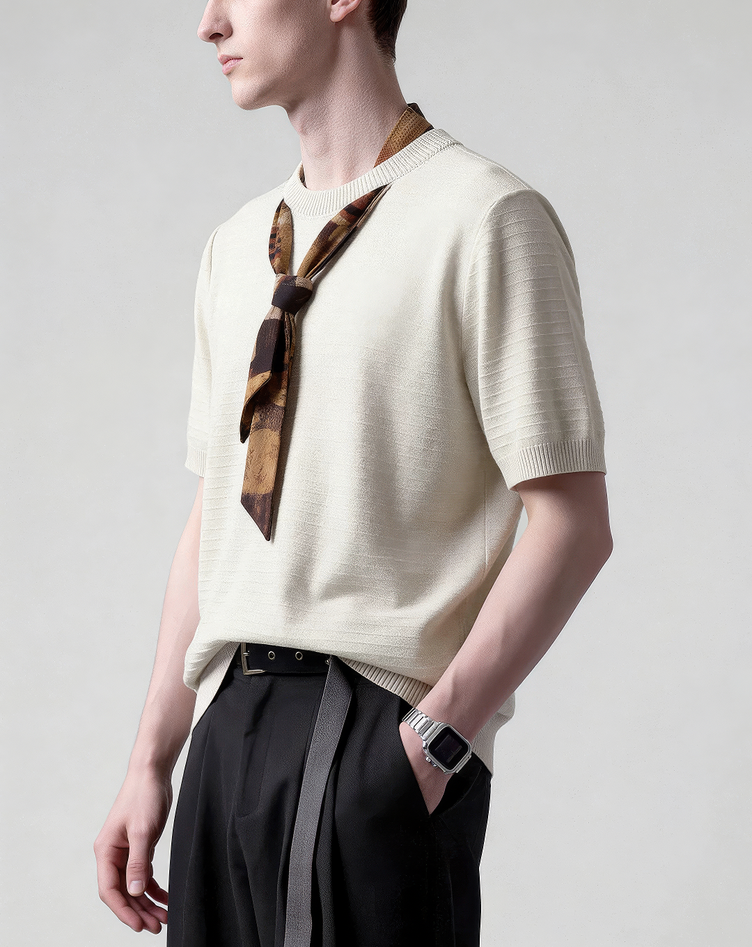 ♂♀Attached Scarf Knit Tee