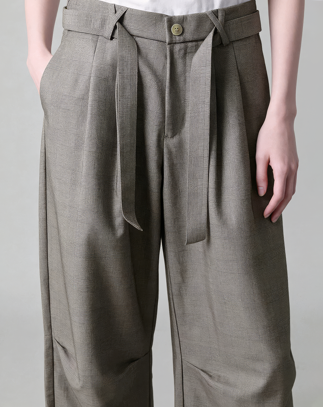 ♂♀Belted Plaid Wide Pants