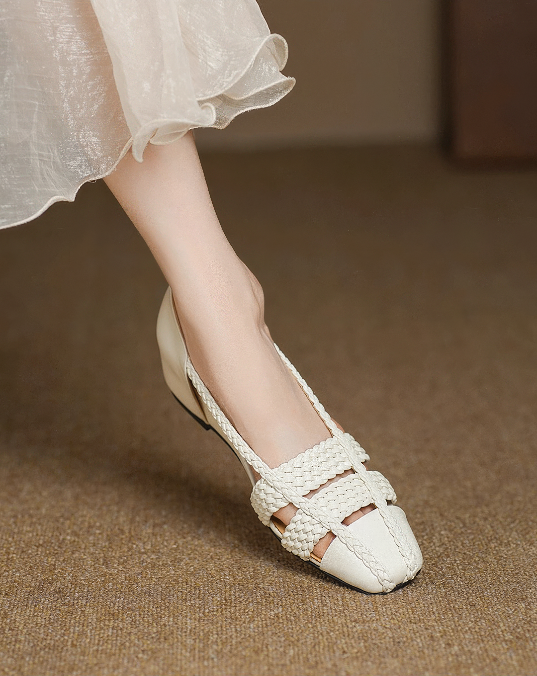♀本革／Woven Square Toe Shoes