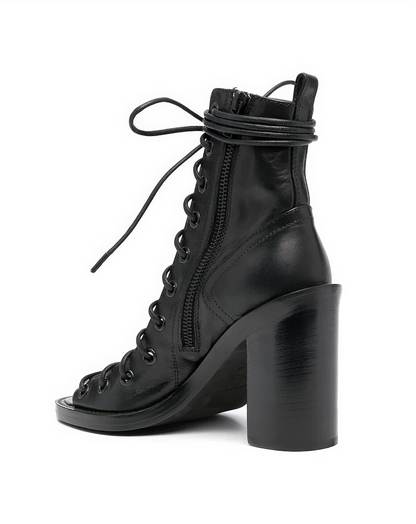 ♀本革／Lace-Up Open-Toe Boots