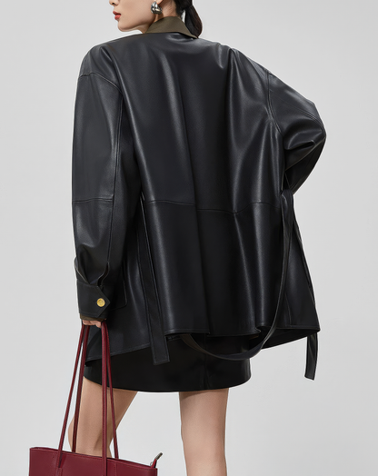 ♀Olive Collar Leather Jacket