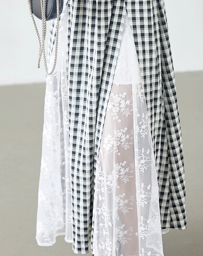 ♀Gingham Lace Dress