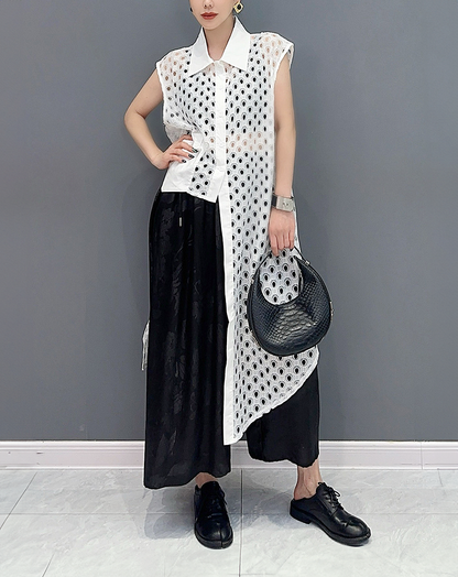 ♀Sheer Dot Asymmetric Long Shirt