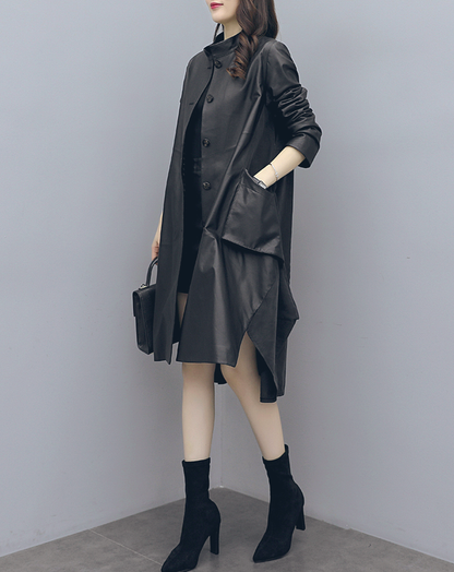 ♀Stand Collar Leather Long Shirt