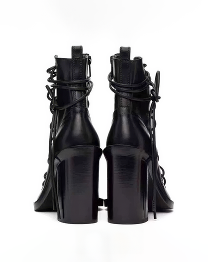 ♀本革／Lace-Up Open-Toe Boots