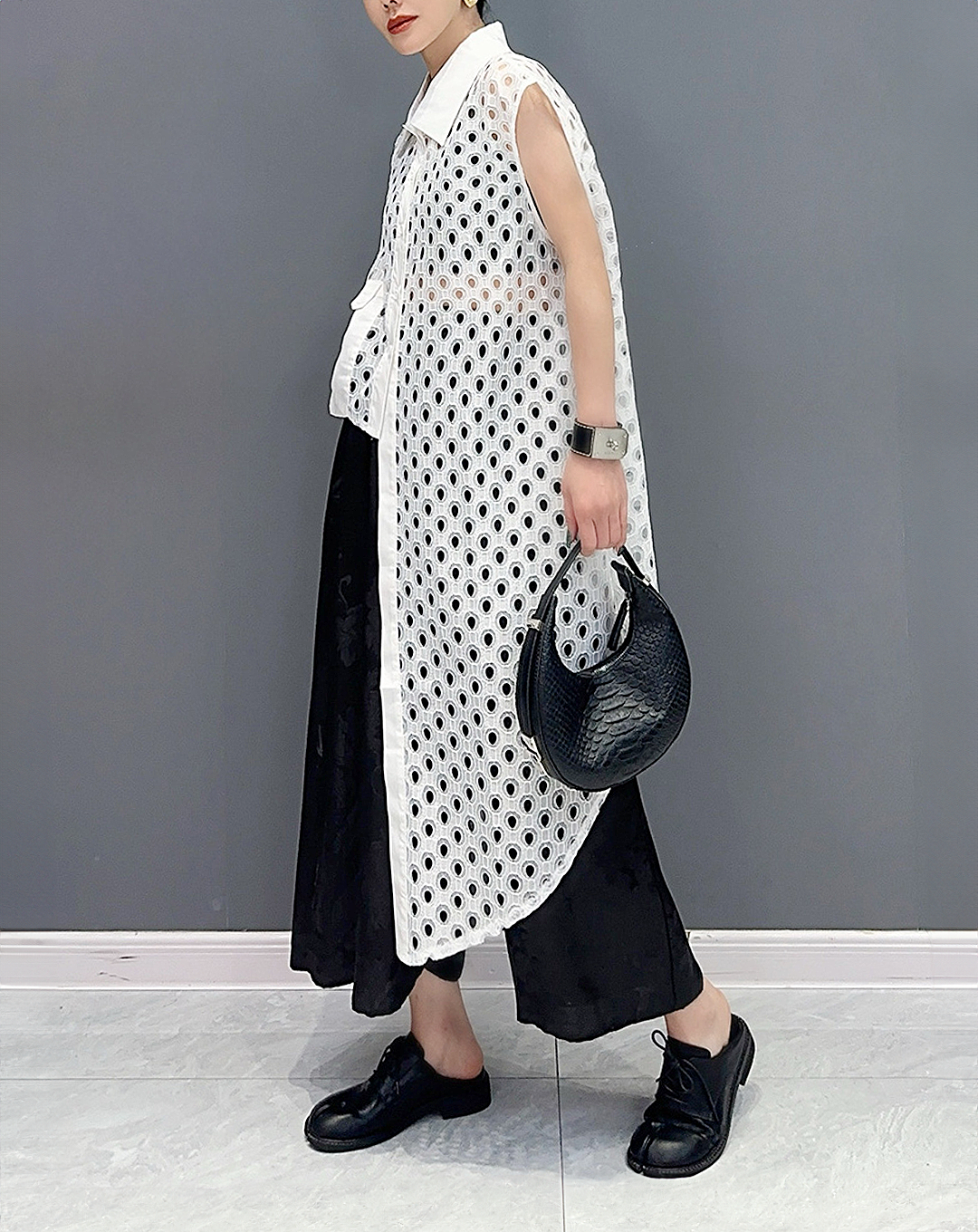 ♀Sheer Dot Asymmetric Long Shirt