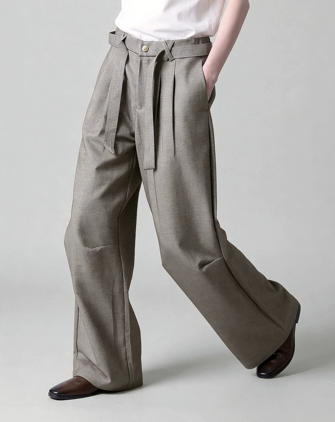 ♂♀Belted Plaid Wide Pants