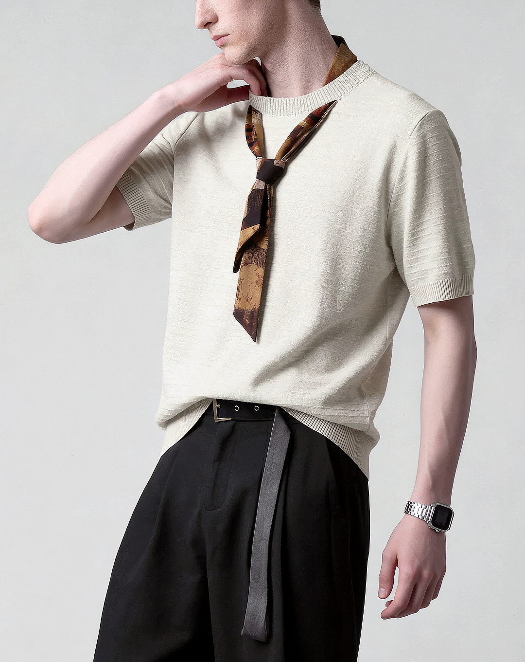 ♂♀Attached Scarf Knit Tee