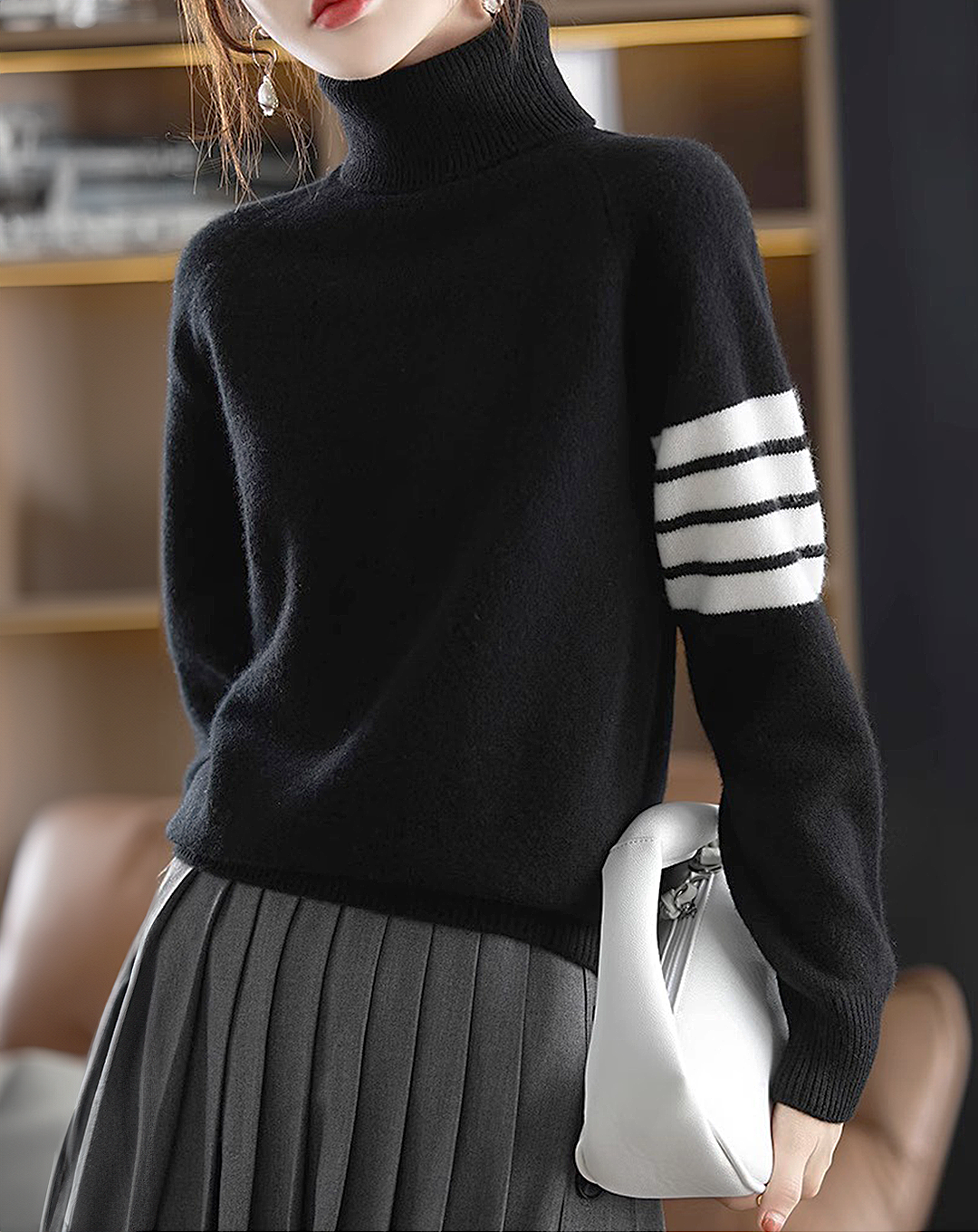 ♀Striped High Neck Knit