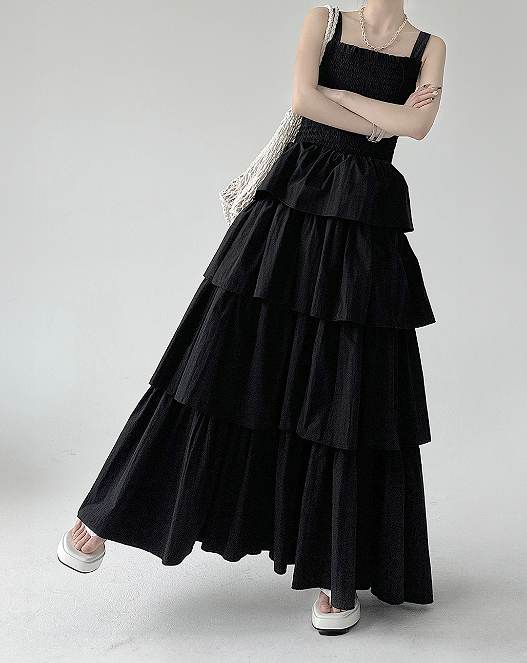 ♀Shirring Tiered Frill Dress