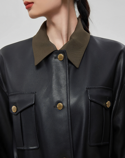 ♀Olive Collar Leather Jacket