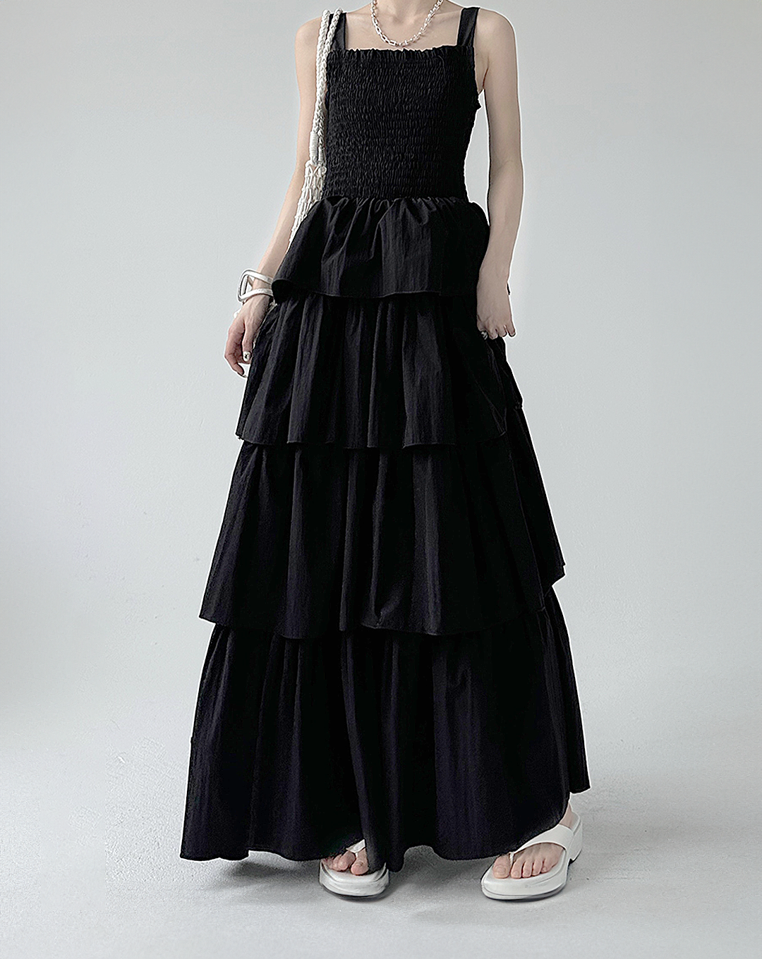 ♀Shirring Tiered Frill Dress