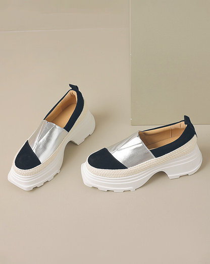 ♀Leather and Jute Platform Slip-on Shoes