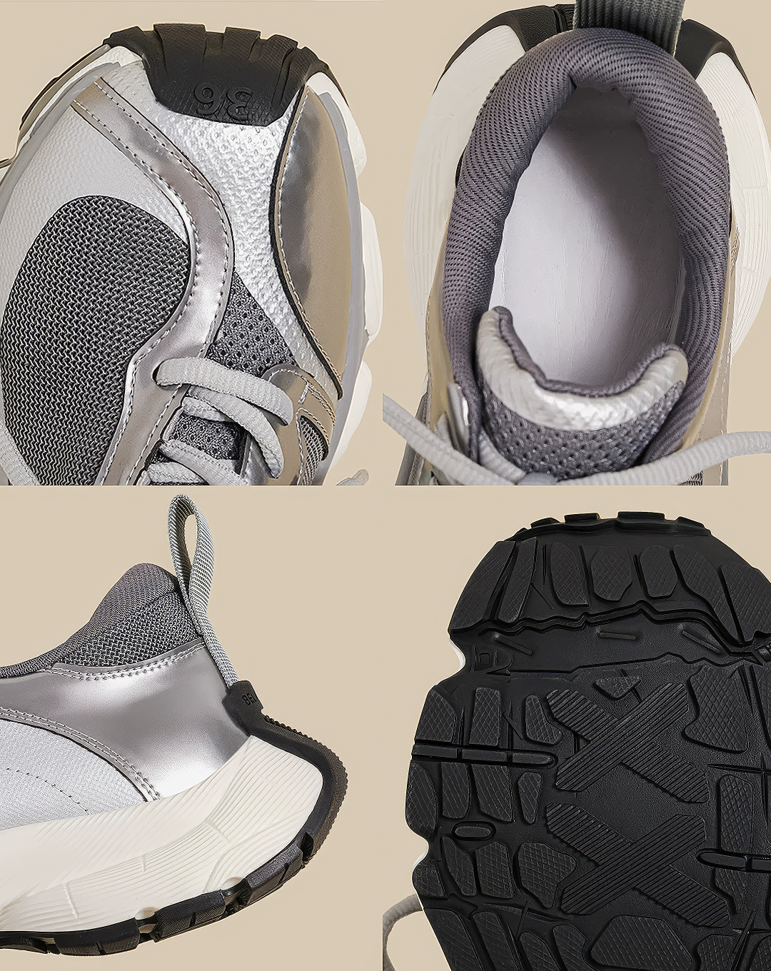 ♀Silver Metallic Mesh Sneakers